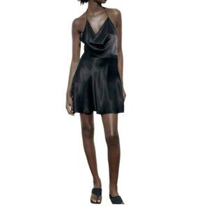 Zara Satin effect‎ black mini drape front dress sz M cocktail Y2K